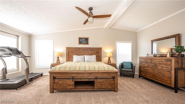 bedroom with baseboards, vaulted ceiling with beams, ornamental molding, a textured ceiling, and light carpet