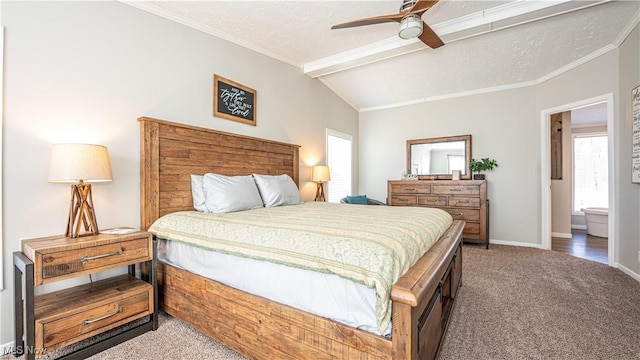 carpeted bedroom with vaulted ceiling with beams, ceiling fan, baseboards, ornamental molding, and a textured ceiling