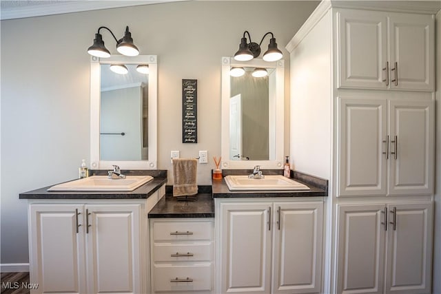 bathroom featuring double vanity, ornamental molding, and a sink