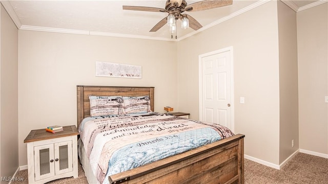 bedroom featuring carpet flooring, ceiling fan, baseboards, and ornamental molding