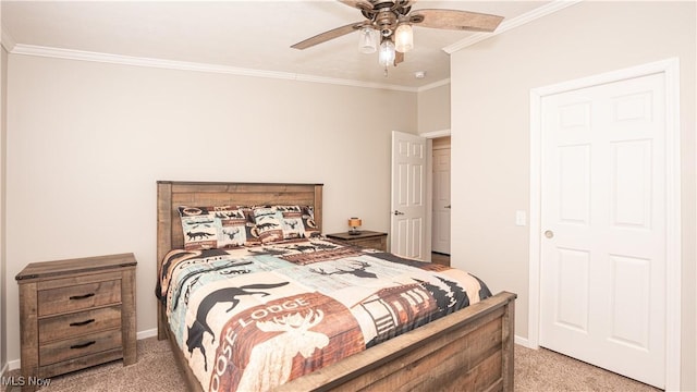 bedroom with light colored carpet, baseboards, and ornamental molding