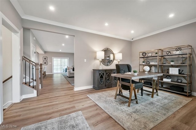 office area featuring recessed lighting, ornamental molding, baseboards, and wood finished floors