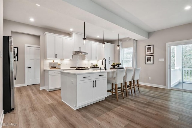 kitchen with under cabinet range hood, backsplash, plenty of natural light, and freestanding refrigerator