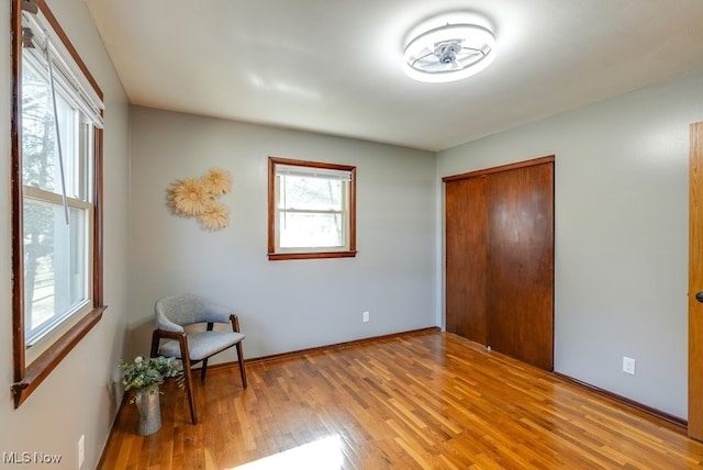 bedroom with multiple windows, light wood-style floors, and a closet