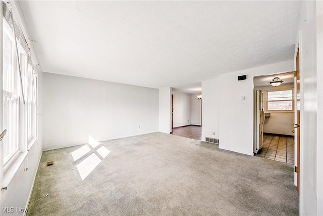 spare room with a wealth of natural light, visible vents, and carpet floors