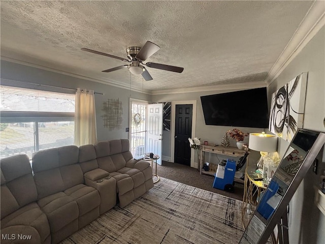 living room featuring a textured ceiling, ceiling fan, carpet flooring, and crown molding