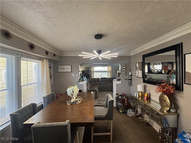 carpeted dining room with a textured ceiling and crown molding