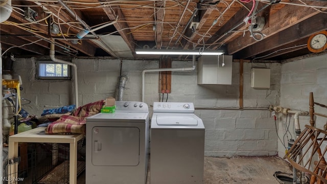 clothes washing area featuring washing machine and dryer and laundry area