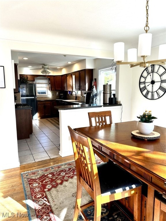 dining space with a healthy amount of sunlight, light wood-style floors, and ceiling fan