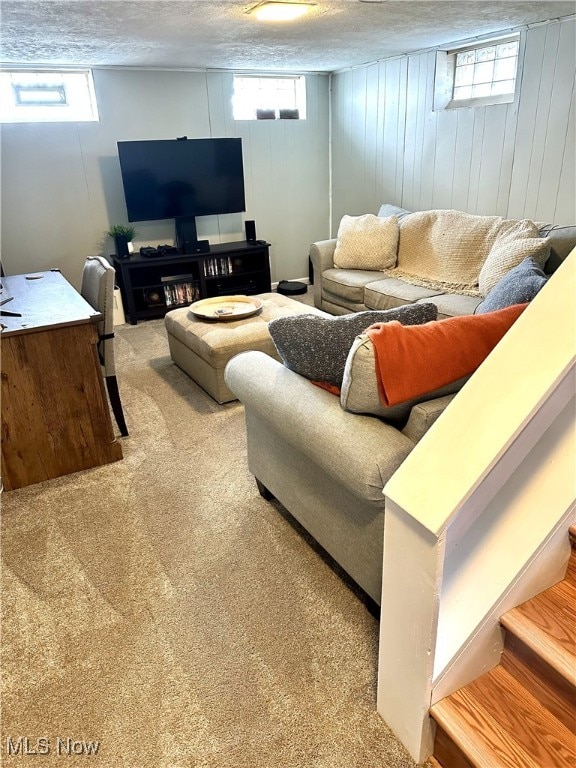 living area featuring plenty of natural light, a textured ceiling, and carpet floors