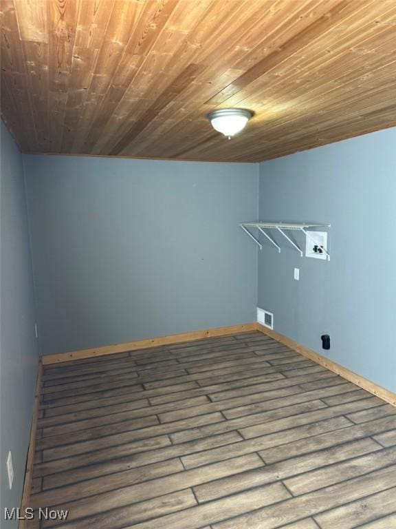 2046 Ohio Ave, East Liverpool, OH 43920 - clothes washing area with visible vents, baseboards, wood ceiling, hookup for a washing machine, and laundry area