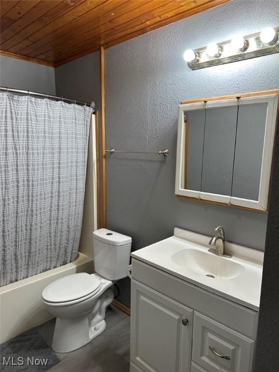 2046 Ohio Ave, East Liverpool, OH 43920 - bathroom with vanity, wood finished floors, shower / bathtub combination with curtain, wood ceiling, and toilet