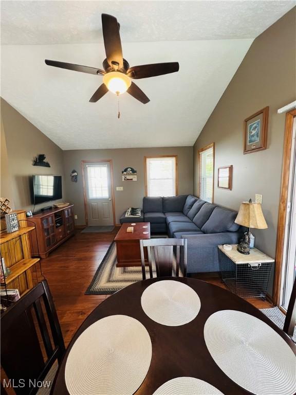 dining space featuring wood finished floors, a ceiling fan, and vaulted ceiling