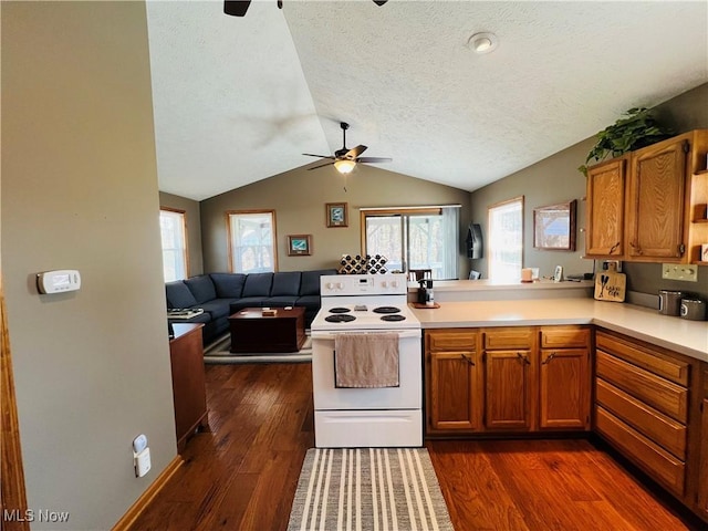 kitchen with dark wood finished floors, a peninsula, ceiling fan, vaulted ceiling, and electric stove