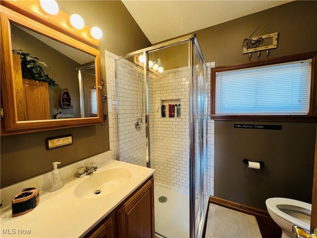 full bathroom with vanity, toilet, and a shower stall