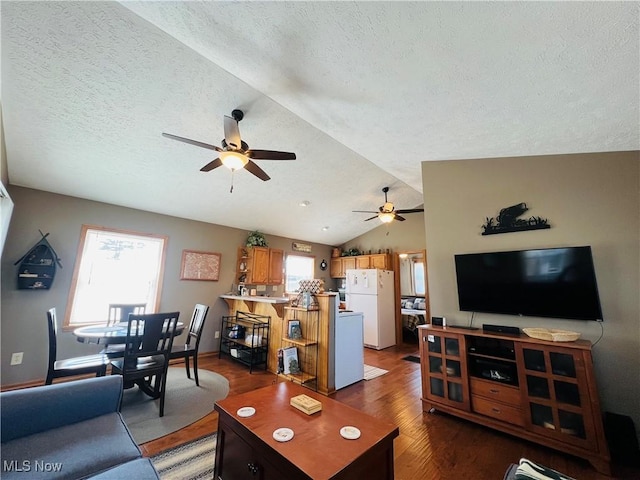 living room featuring a textured ceiling, lofted ceiling, ceiling fan, and wood finished floors