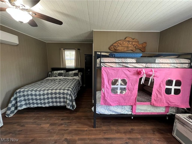 bedroom with a ceiling fan, wooden ceiling, wood finished floors, and a wall mounted AC