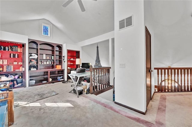 office featuring visible vents, high vaulted ceiling, and a ceiling fan