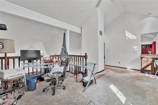 playroom featuring visible vents, high vaulted ceiling, carpet flooring, and a ceiling fan