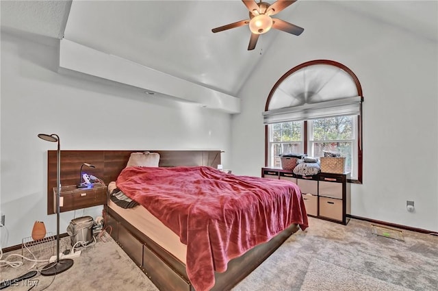 bedroom featuring baseboards, lofted ceiling, ceiling fan, and carpet flooring