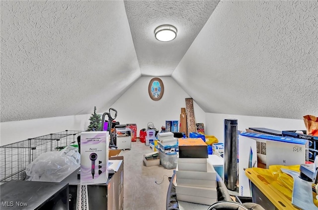 additional living space with carpet floors, a textured ceiling, and vaulted ceiling