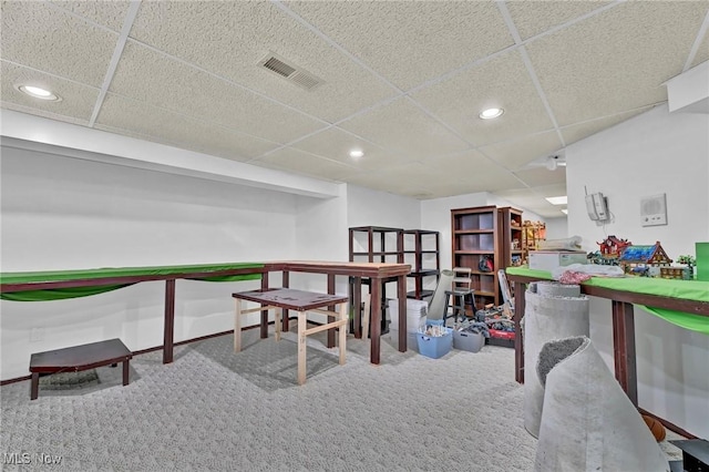 game room featuring carpet flooring, recessed lighting, visible vents, and a paneled ceiling