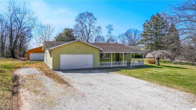 ranch-style house with a porch, an attached garage, a front lawn, and a shingled roof