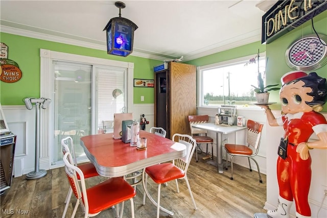 dining space with wood finished floors, a wainscoted wall, and ornamental molding