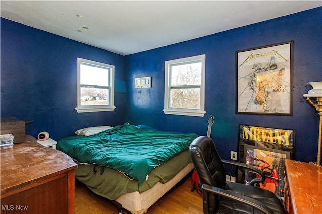 bedroom featuring multiple windows and wood finished floors