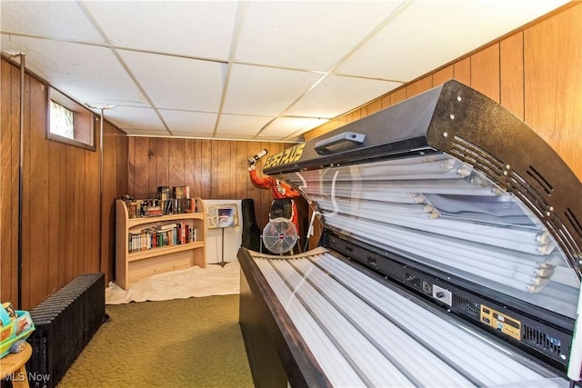 misc room featuring a drop ceiling, wood walls, and carpet