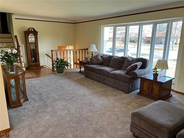 living room featuring carpet, baseboards, and ornamental molding