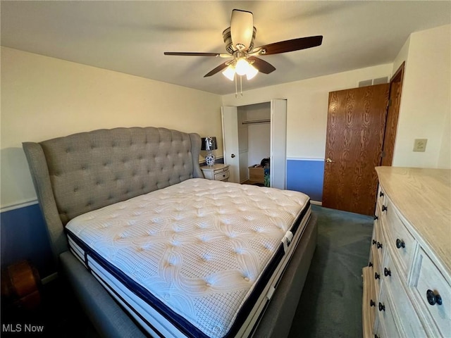 bedroom featuring visible vents, a ceiling fan, and dark colored carpet