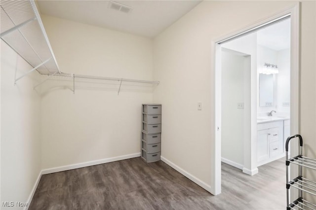 walk in closet with visible vents, light wood finished floors, and a sink