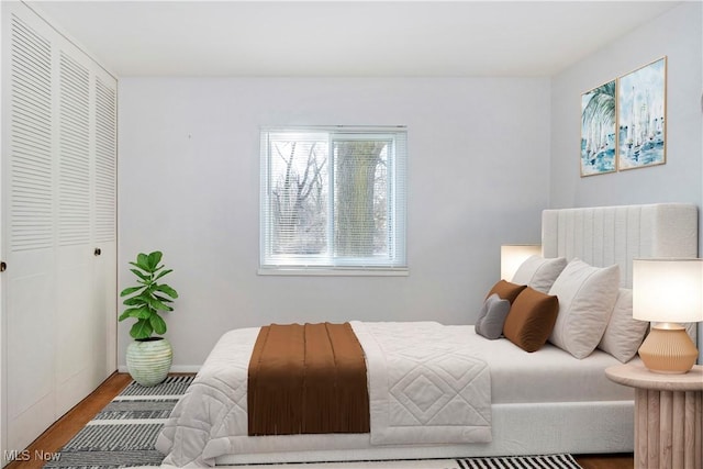 bedroom with wood finished floors and a closet