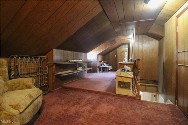 additional living space featuring lofted ceiling, wooden walls, wood ceiling, and carpet floors