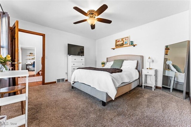 bedroom with visible vents, ceiling fan, baseboards, and carpet floors