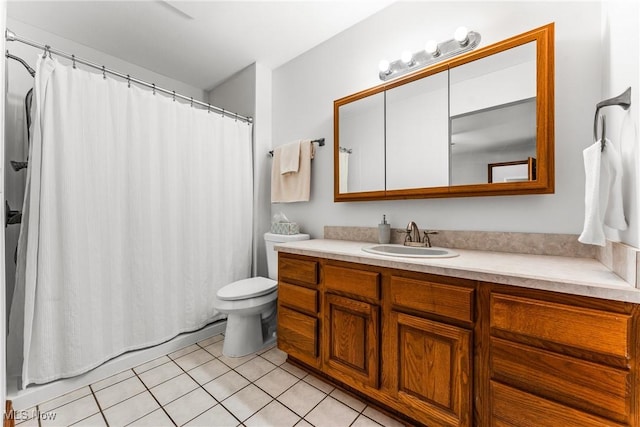 full bath with tile patterned flooring, toilet, vanity, and a shower with shower curtain