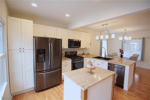 kitchen with a sink, stainless steel appliances, a peninsula, and white cabinets