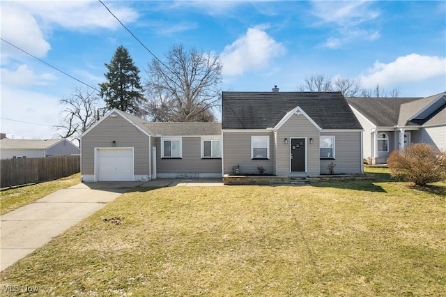 view of front of home featuring fence, an attached garage, a shingled roof, concrete driveway, and a front lawn