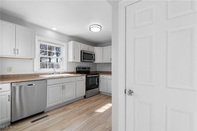 kitchen with visible vents, light wood-type flooring, appliances with stainless steel finishes, white cabinetry, and a sink