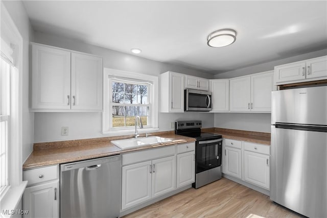 kitchen featuring a sink, stainless steel appliances, light wood-type flooring, and white cabinetry