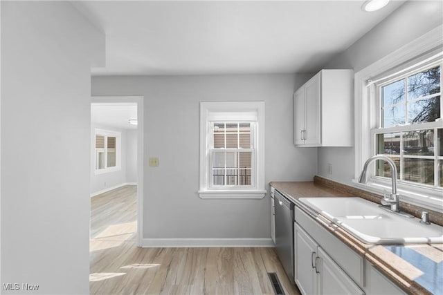 kitchen with baseboards, visible vents, a sink, stainless steel dishwasher, and light wood-type flooring