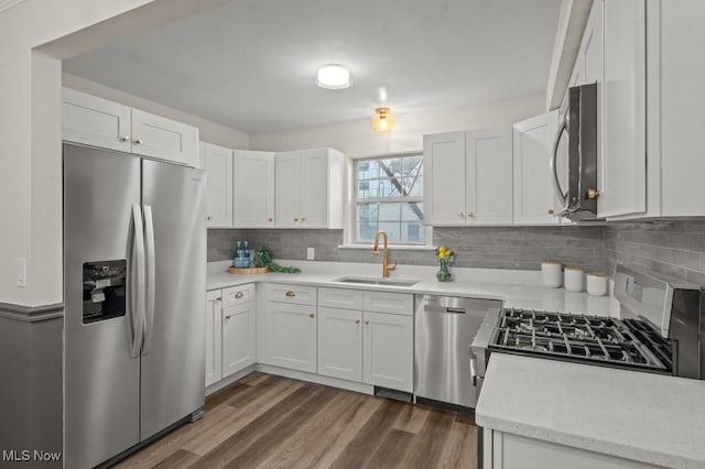 kitchen featuring a sink, tasteful backsplash, dark wood-style flooring, and stainless steel appliances