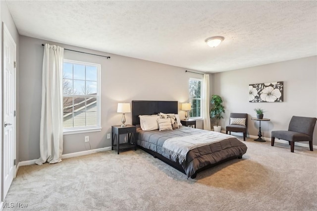 bedroom featuring baseboards, carpet, and a textured ceiling