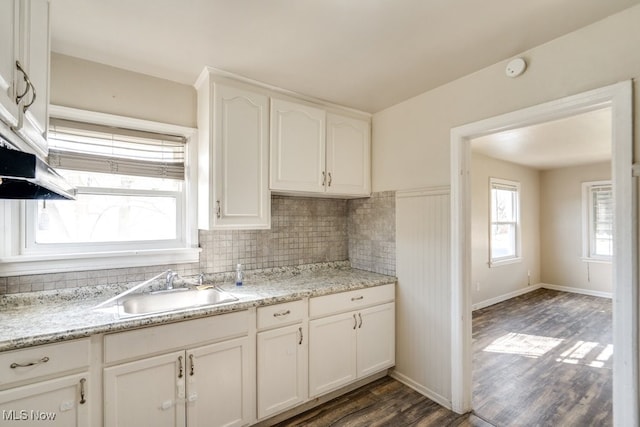 kitchen featuring a sink, dark wood-style floors, backsplash, and white cabinets