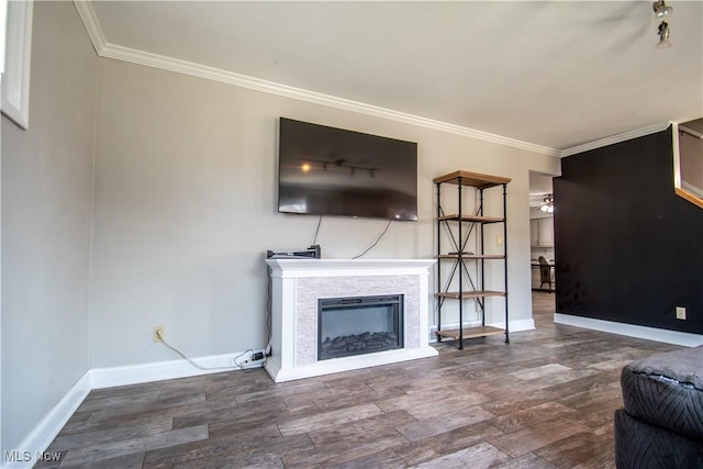 living room featuring baseboards, wood finished floors, ornamental molding, and a fireplace