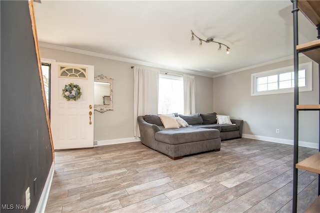 living room with a wealth of natural light, light wood-type flooring, and crown molding