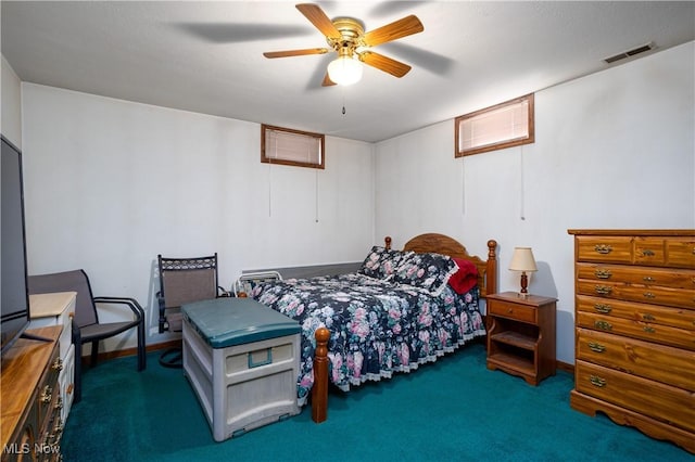 bedroom featuring visible vents, baseboards, ceiling fan, and carpet floors