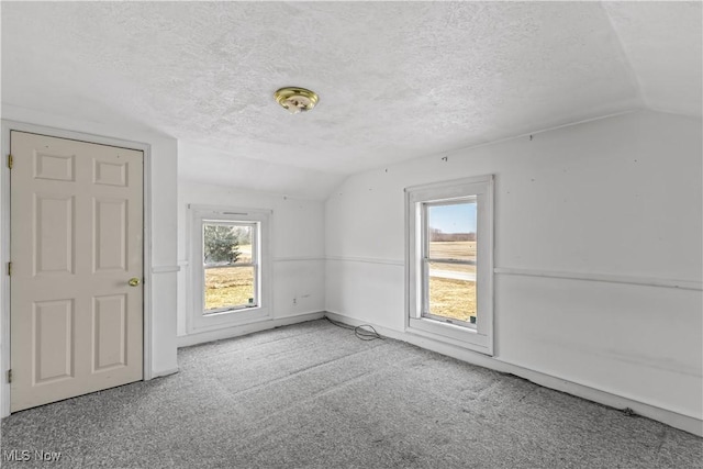 carpeted spare room featuring lofted ceiling and a textured ceiling