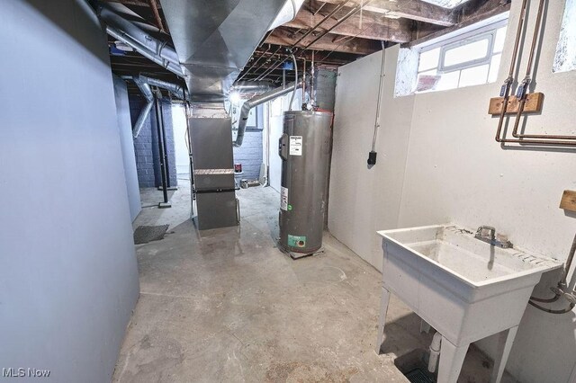 below grade area with a sink and water heater